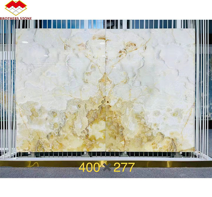 ตัดตามขนาด สีสันหรู ใส สีขาว Onyx สล็อบมาร์บอร์มสําหรับวิลล่า แผ่นงานศิลปะกําแพง