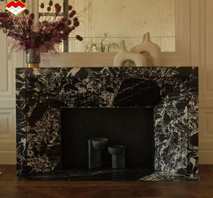 เตาไฟมาร์บอร์ดําที่ทันสมัยสําหรับห้องพักวิลล่าตกแต่งห้องนั่งเล่นในสไตล์ยุโรป