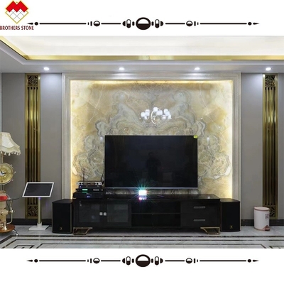 แผ่นผนังหินโอนิกซ์เคลือบ ขายตรงสําหรับพื้นหลังทีวีสีเขียวสีขาวธรรมชาติ