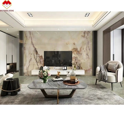 สีขาวโปร่ง Onyx มาร์บอร์ ใหญ่ Slab Backlit สีแดง/ทอง เส้นเลือดสําหรับตกแต่งโรงแรม