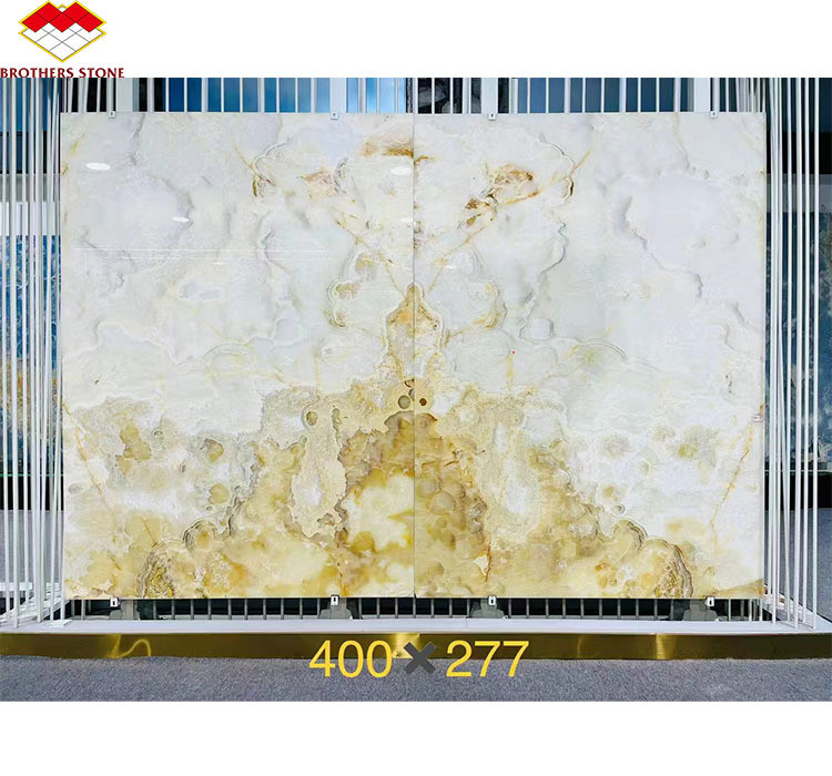 ตัดตามขนาด สีสันหรู ใส สีขาว Onyx สล็อบมาร์บอร์มสําหรับวิลล่า แผ่นงานศิลปะกําแพง