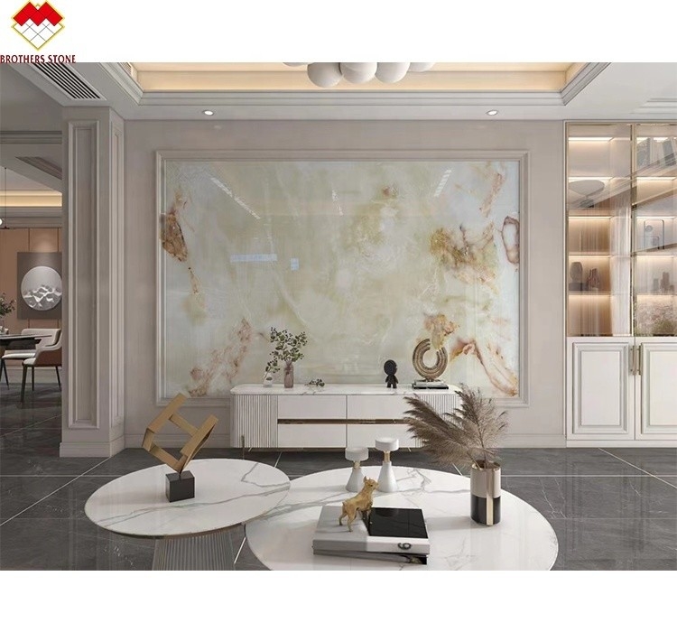 สีขาวโปร่ง Onyx มาร์บอร์ ใหญ่ Slab Backlit สีแดง/ทอง เส้นเลือดสําหรับตกแต่งโรงแรม